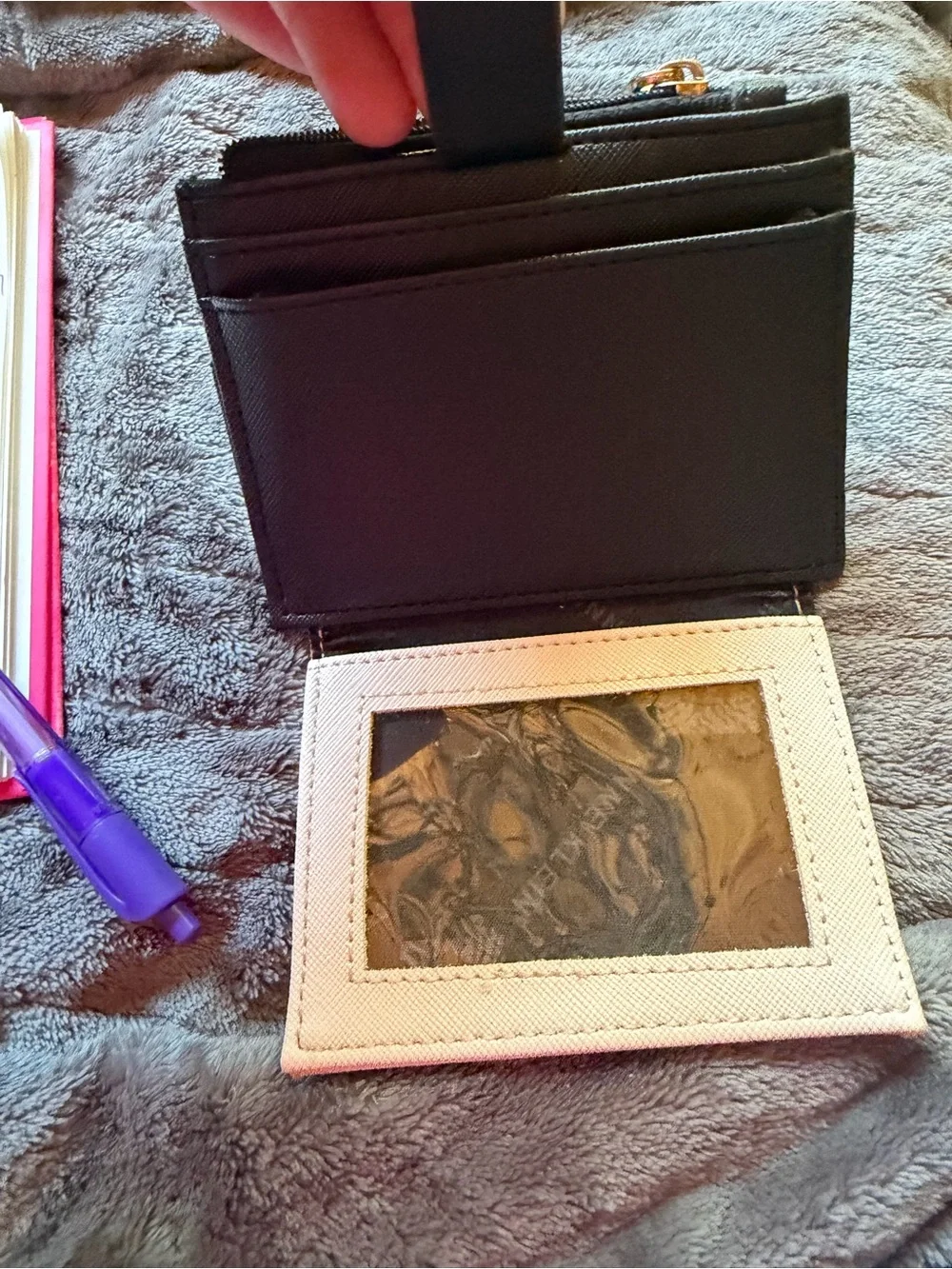 Anne Klein Black Saffiano Card & Key Holder with Gold Medallion Accent